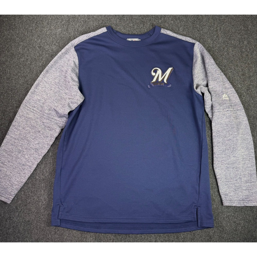 Majestic Milwaukee Brewers Therma Base Pullover Men's L MLB Authentic Blue Gray